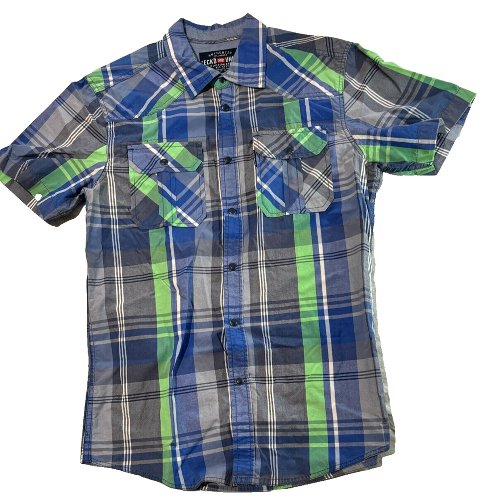 Ecko Unltd. Button Up Shirt Men's Size M Short Sleeve Blue Green Classic